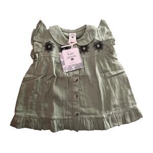 NWT Kate Quinn Embroidered Suns Top Mistletoe Green Organic Cotton Gauze 6-12m